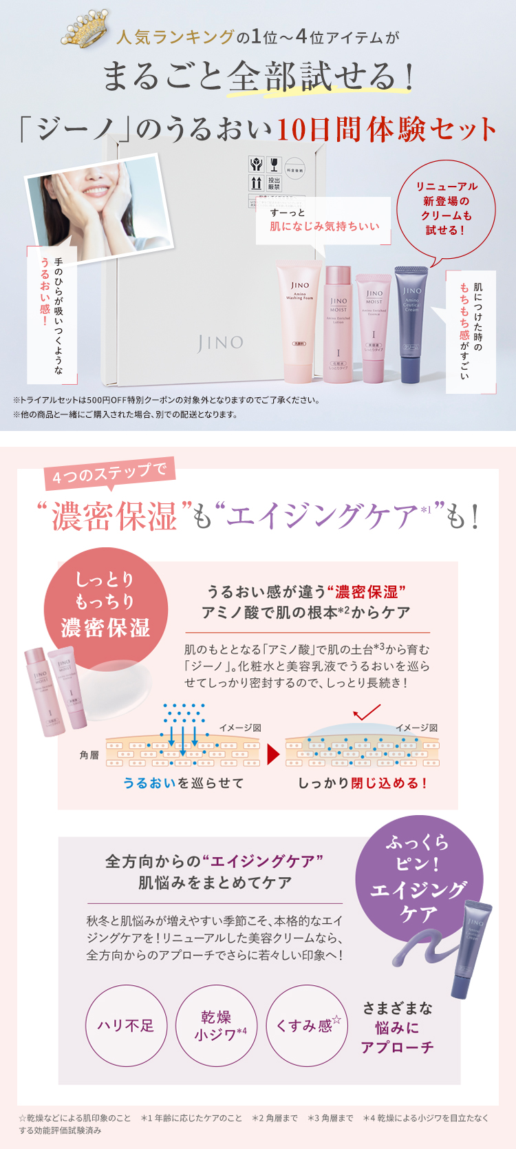 人気ランキングの1位～4位アイテムがまるごと全部試せる！「ジーノ」のうるおい10日間体験セット
