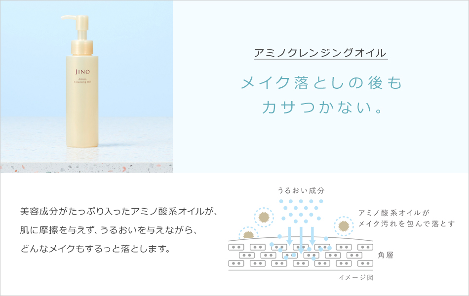 「アミノクレンジングオイル」メイク落としの後もカサつかない。美容成分がたっぷり入ったアミノ酸系オイルが、肌に摩擦を与えず、うるおいを与えながら、どんなメイクもするっと落とします。