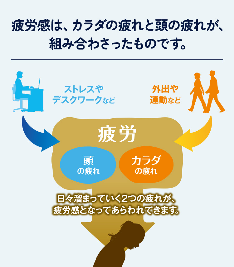 疲労感は、カラダの疲れと頭の疲れが、組み合わさったものです。
