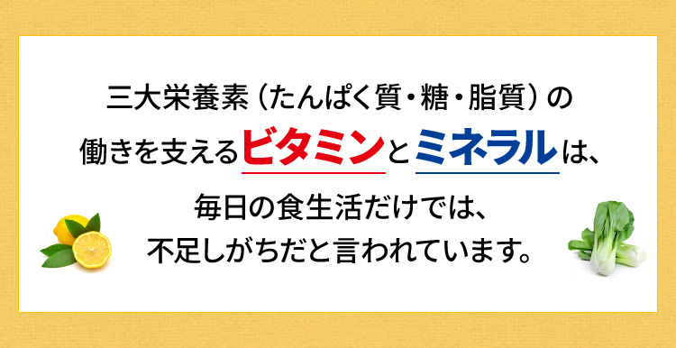 三大栄養素（たんぱく質・糖・脂質）の働きを支えるビタミンとミネラルは、毎日の食生活だけでは、不足しがちだと言われています。
