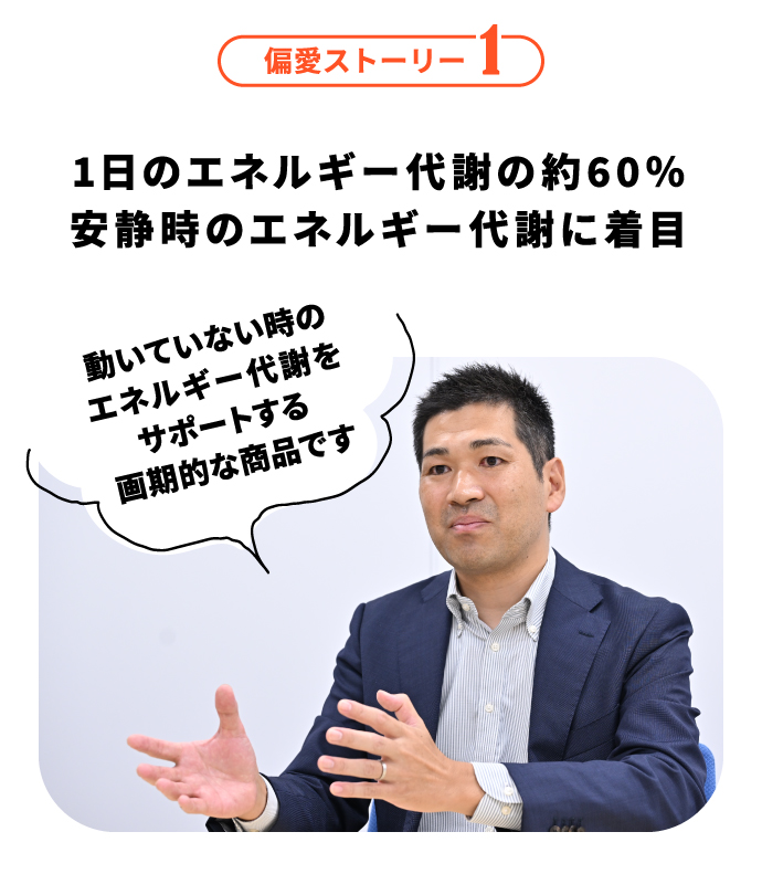 偏愛ストーリー1 1日のエネルギー代謝の約60％安静時のエネルギー代謝に着目